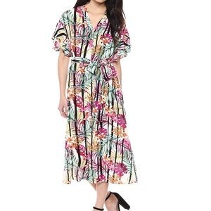 Nine West Floral Stripes Ruffle Sleeves Beach Coverup Kaftan Dress Size 12 Large
